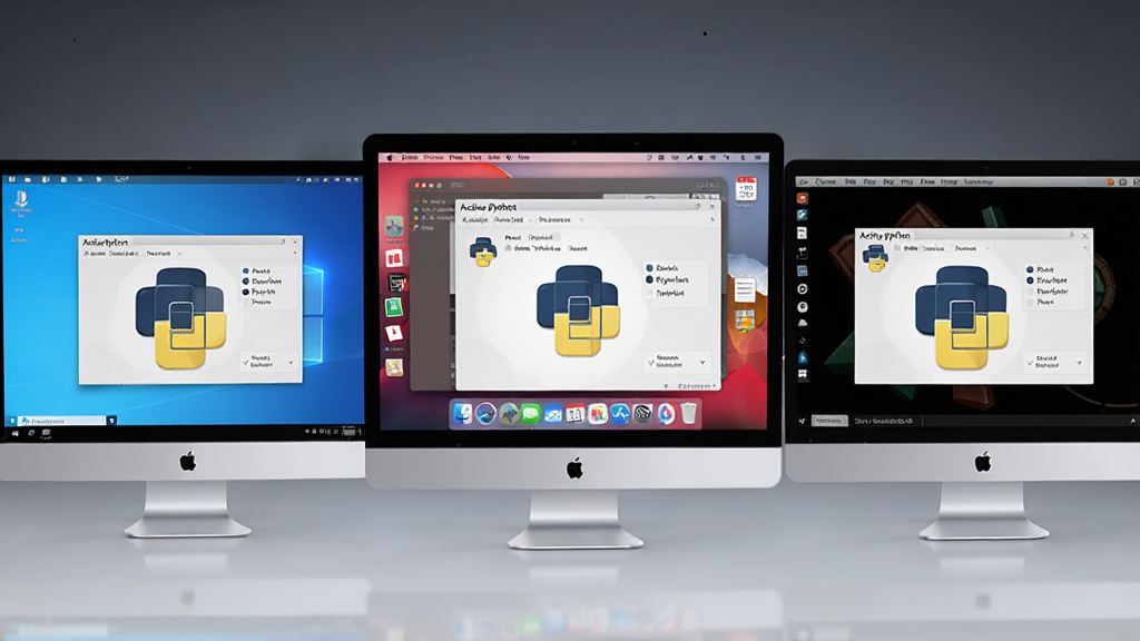 һ��չʾ ActivePython ��ƽ̨һ������� AI ��ͼ�������������������ŵĵ�����Ļ���ֱ���ʾ Windows��macOS �� Linux ����ϵͳ���棬ÿ����Ļ�϶��� ActivePython �İ�װ���棬����Ϊ�������о��У����Ϊ�ִ���Լ�磬ϸ�ڰ�����������ϵͳ�ı�־��Ԫ�غ�ͳһ����ɫ���⣬���ʸ���ɾ����޶���Ԫ��
