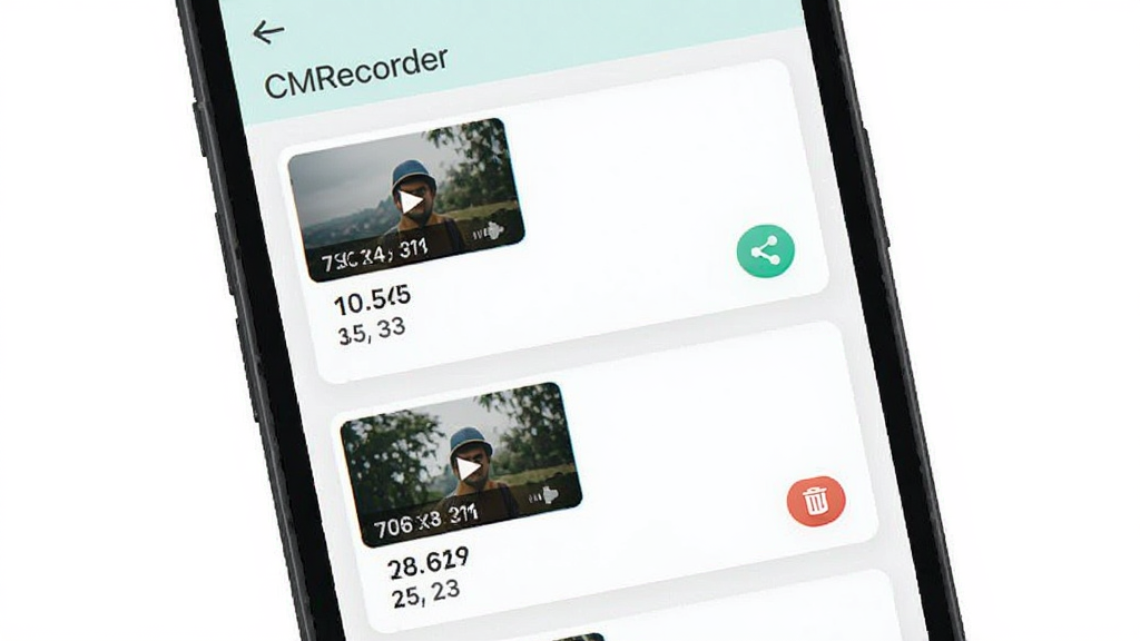 CMRecorder��Ƶ��������չʾ������Ϊ�ֻ���Ļ�ϵ���Ƶ�б�ҳ�棬���ֲ��ÿ�Ƭʽ���У��Ű�չʾ��Ƶ����ͼ��ʱ�����ļ���С�������ť�����Ϊ����ǳɫ�Ŀ�ƬʽUI��ƣ�ϸ�ڰ�������ͼ����ɾ����ť�������������ɾ����޶���Ԫ��