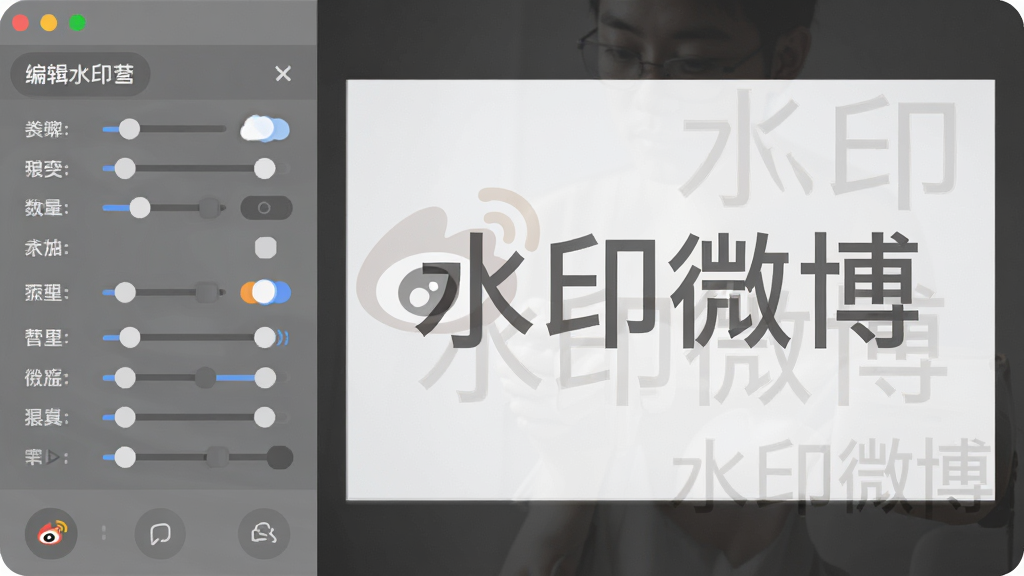 一张展示水印微博添加水印编辑界面的图片,主体是软件中一张图片上叠加了半透明文字水印,布局为左侧参数调节面板右侧图片预览,排版直观,风格为柔和圆角,细节包括“水印微博”水印文字示例,画质高清,干净,无多余元素