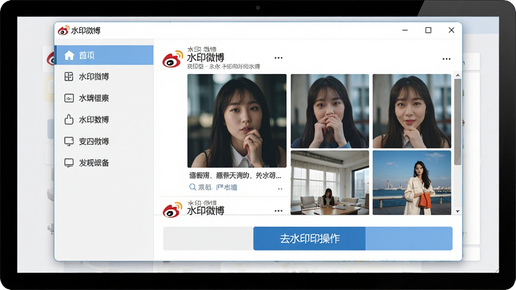 一张展示水印微博软件界面的图片,主体是电脑屏幕上打开的软件窗口,布局清晰,左侧为功能导航栏,右侧为微博图片预览区与去水印操作按钮,排版简洁,风格为现代科技感,细节包括软件名称“水印微博”在标题栏清晰可见,画质高清,干净,无多余元素