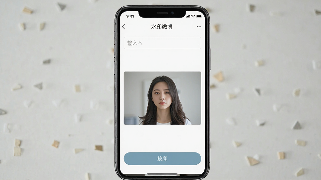 一张展示水印微博移动端操作界面的图片,主体是手机屏幕上显示软件的去水印功能页面,布局为顶部输入框中间预览图底部操作按钮,排版适合手机竖屏,风格为清爽素雅,细节包括“水印微博”在顶部导航栏,画质高清,干净,无多余元素