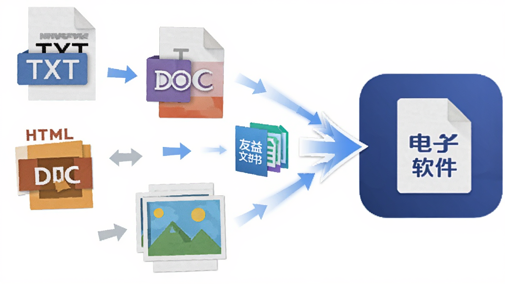 ���ʽ�ĵ����빦��չʾͼ�������ж��Ų�ͬ��ʽ���ĵ�ͼ�꣨TXT��DOC��HTML��ͼƬ�����������Ҳ��������������ͼ�꣬��۳�һ�������ĵ������ļ�������Ϊ���ҶԳƣ����Ϊ��ƽ���Ƽ��磬ϸ�ڰ����ļ�ͼ����������ͷָʾ������Logo�������������ɾ��޶���Ԫ��