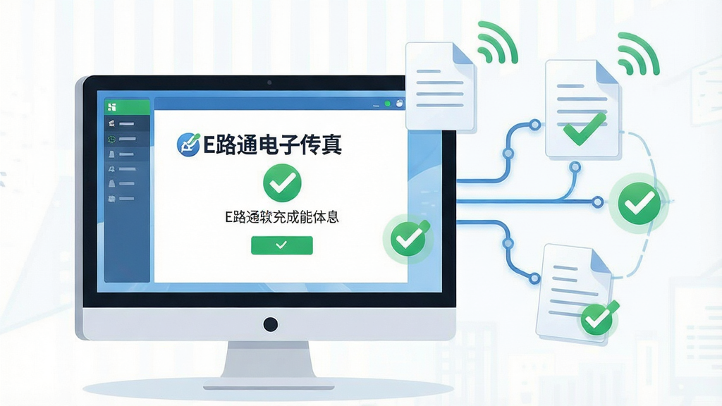 一张电子传真软件功能展示图,主体为电脑屏幕中显示传真发送成功的状态页面,屏幕旁漂浮着传真文件图标与网络连接线条,布局为左右均衡构图,排版突出软件名称“E路通电子传真”,风格为清爽商务插画风,细节上加入绿色对勾、文件纸张、信号波纹等元素,画质高清,画面干净,无多余元素