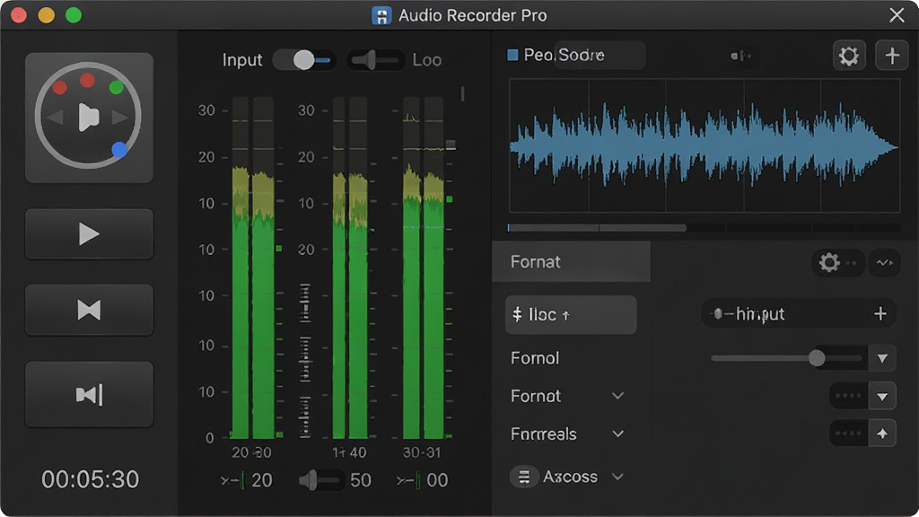 ������������չʾ������������ Audio Recorder Pro �����������ڣ����Ϊ¼�����ư�ť���ŵ�ƽ�����Ҳ���ʾ����Ԥ�����ʽѡ����壬���岼�����������Ϊ�ִ���ƽ����ɫ���⣬ϸ�ڰ���¼��ʱ���롢����Դ�л�ͼ�꣬���ʸ��壬�ɾ����޶���Ԫ��