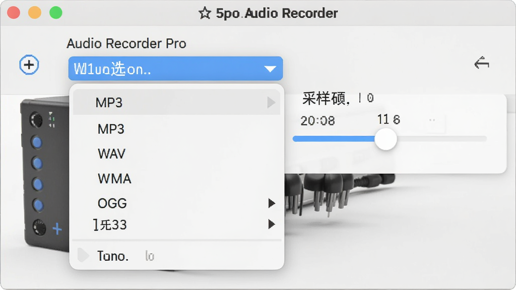 Audio Recorder Pro ��������Ƶ��ʽѡ�������˵�չ����״̬���˵����г� MP3��WAV��WMA��OGG ��ѡ��Ա��в����ʵ��ڻ��飬����Ϊ�����������棬�����רҵ�������������ɾ����޶���Ԫ��