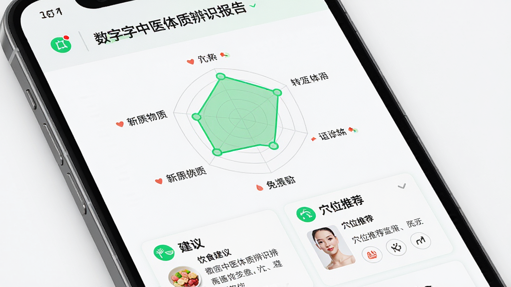 ������ҽ���ʱ�ʶ����ҳ�棬����Ϊ�ֻ���Ļ��д����Ļ����ʾ���������״�ͼ�����ֽ�����������״�ͼ���У��·�Ϊ��ʳ���鿨Ƭ��Ѩλ�Ƽ���Ƭ���������רҵ��ϸ�ڰ�����ɫ������ע��ͼ���ࡢ�����Ű����룬���ʸ��壬�ɾ����޶���Ԫ��