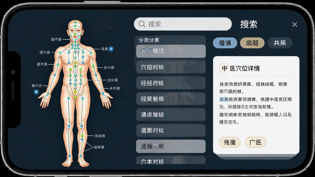 ������ҽѨλ��ѯ����ҳ�棬����Ϊ�ֻ���Ļչʾ���徭��Ѩλͼ������Ϊ�������ģ��ͼ���Ҳ�Ѩλ�б������鿨Ƭ�����ҽѧ�廭�У�ϸ�ڰ���Ѩλ������ǡ������򡢷����ǩ������˵����࣬���ʸ��壬�ɾ����޶���Ԫ��