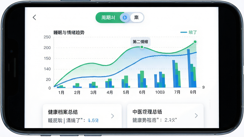 ������ҽ������������ͼ��ҳ�棬����Ϊ�ֻ���Ļ����Ļ����ʾ����ͼ����״ͼ��ϣ������Ϸ�Ϊ�����л���ť���в�Ϊ˯���������������ߣ��·�Ϊ�����ܽῨƬ��������ݿ��ӻ����磬ϸ�ڰ�����ɫ����ɫ���ߡ�������������������װ�Σ����ʸ��壬�ɾ����޶���Ԫ��