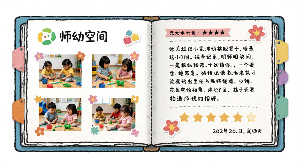 ����������һ��չ�������������ᣬ��ҳ��ʾ��ʦ�׿ռ䡱��־���׶����Ƭ����ͼ����ҳ�����ּ�¼���Ǽ����ۣ�����Ϊ���ҶԳƵ��鼮�Ű棬���Ϊ�����ֻ�磬ϸ�ڰ�����ɫ��ǩ��С��ֽ�����ڱ�ǣ����ʸ��壬����ɾ����޶���Ԫ��