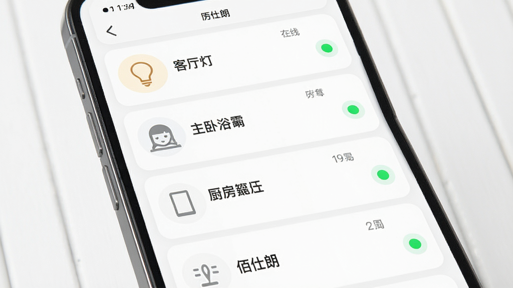 ������APP�豸�������棬����չʾһ���ֻ���Ļ����Ļ�ڳ��ֶ෿���豸�б������������ơ�����ԡ�ԡ��������ص�ͼ���������У�����Ϊ�����б�ʽ�Ű棬���Ϊ�ִ���Լ�Ƽ��磬ϸ�����豸����״̬��ɫԲ���ʶ�����ʸ��壬�ɾ����޶���Ԫ��