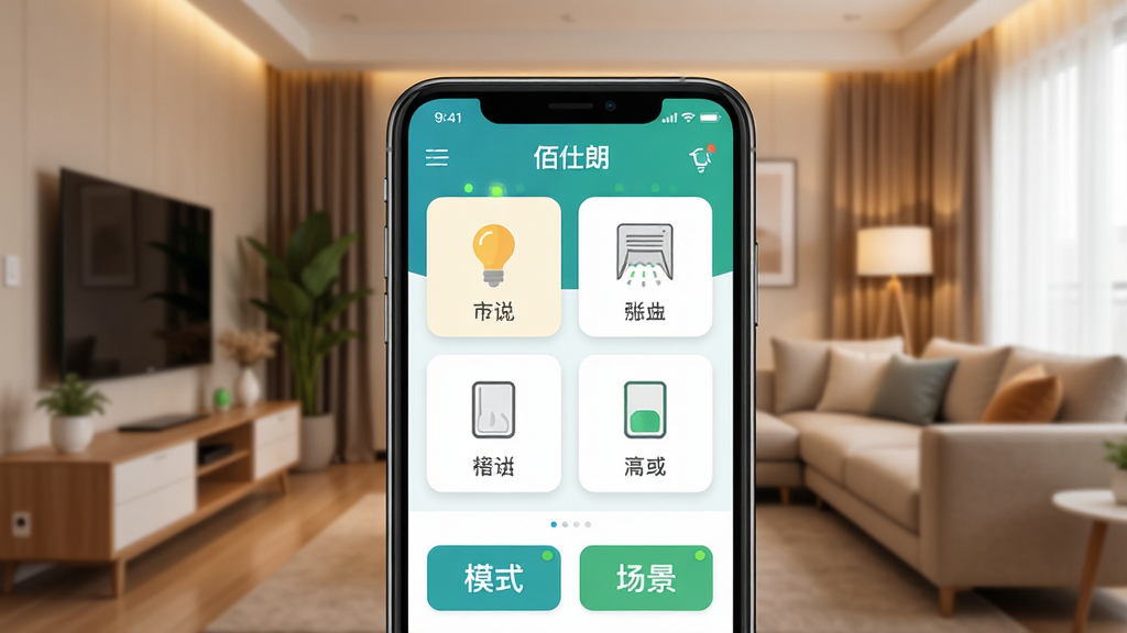 ������APP������չʾ������������һ�������ֻ�����Ļ����ʾ�����ܼҾӿ�����壬�����ƹ⡢ԡ�ԡ����ص��豸ͼ�꣬����Ϊ��ܰ���ִ��������������岼�ּ�����������Ϊ�Ƽ��б�ƽ����ƣ�ϸ�ڰ����豸״ָ̬ʾ�ƺͳ���ģʽ��ť�����ʸ��壬�ɾ����޶���Ԫ��