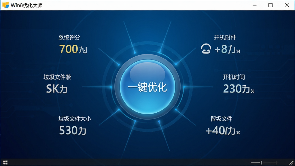 Win8�Ż���ʦһ�������Ż����ܽ����ͼ����������Ϊ����������������Ŀ��Բ�Ρ�һ���Ż�����ť����ť��Χ������ϵͳ���֡������ļ���С������ʱ�������ָ�꣬����Ϊ����ɫ�Ƽ��н��䣬�Ű�������ķ���ʽ���֣����Ϊ�ִ���ƽ���Ƽ��磬ϸ���ϰ�ť����΢΢����Ч�������������������������ʸ��壬����ɾ����޶���Ԫ��