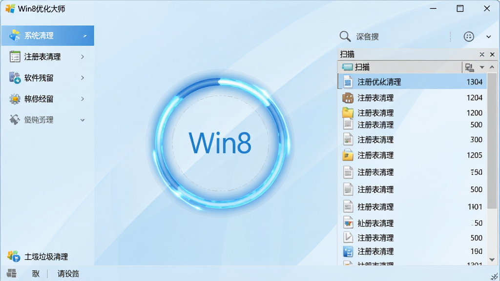 Win8�Ż���ʦ��������������ܽ��棬����չʾ��������ɨ��ϵͳ�����ļ��Ĺ��̣����������л��ν�������ɨ���ļ��б�����ർ������ʾ��ϵͳ��������ע�����������������������ѡ�����Ϊ��ˬ��ǳ��ɫ�����Ű��������������Ϊ��Լ����磬ϸ���Ͻ������������⶯Ч���ļ��б�����չʾ�����ʸ��壬����ɾ����޶���Ԫ��
