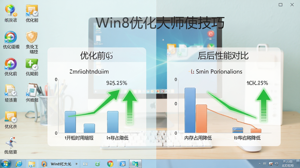 Win8�Ż���ʦʹ�ü���ʾ��ͼ������չʾ���������ϵ�������ݷ�ʽ���Ż�ǰ���ϵͳ���ܶԱ�ͼ����ͼ�����п���ʱ�����̡��ڴ�ռ�ý��͵����ݱ仯������Ϊǳɫ�칫���滷�����Ű�������ҶԱȲ��֣����Ϊ����ǳɫ�磬ϸ�������ݼ�ͷ������ɫ��ʾ�Ż�Ч����ͼ���࣬���ʸ��壬����ɾ����޶���Ԫ��