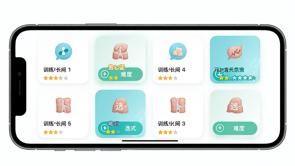 ������׼�App���Ի�ѵ������ѡ����棬����Ϊ�ֻ���Ļ��ʾ���ѵ��ģʽ��Ƭ������Ϊ�������У��Ű�Ϊ���п�Ƭʽ���֣����Ϊ���½����磬ϸ�ڰ�����Ƭͼ�ꡢѵ��ʱ����ע���Ѷ��Ǽ���ѡ�и���Ч�������ʸ���ɾ��޶���Ԫ��