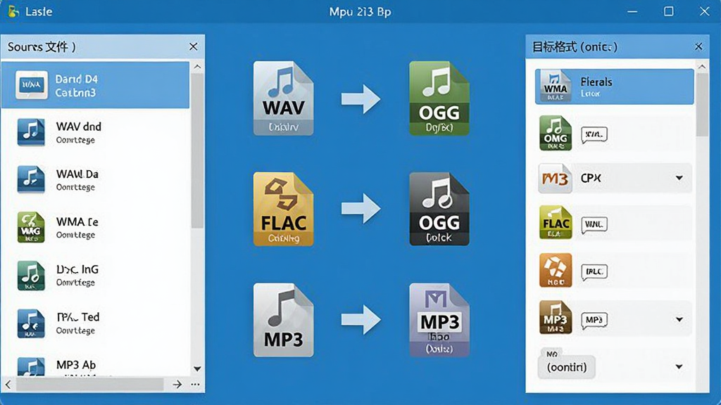 Visual MP3 ���ʽ��Ƶת������չʾͼ������Ϊ��������������ʾ�����Ƶ��ʽͼ�����У�����Ϊ���Դ�ļ��б��Ҳ�Ŀ���ʽѡ�������Ű��࣬���Ϊ��ƽ���Ƽ�����ϸ�ڰ���WAV��WMA��OGG��FLAC��MP3�ȸ�ʽ��ʶ��ת����ͷ�����ʸ��壬�ɾ����޶���Ԫ��