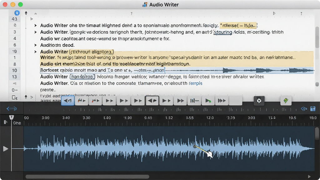 һ��չʾ Audio Writer ʱ������빦�ܵĽ����ͼ������Ϊ���������°벿�ֵ���Ƶ����ͼ���Ϸ��ı�����һһ��Ӧ�������ϲ������·����ṹ���Ű����������Ϊרҵ��Ƶ�༭�������ϸ�ڰ���ʱ��̶ȡ�����ָ��͸���ѡ�е��ı��飬�����������ɾ����޶���Ԫ��