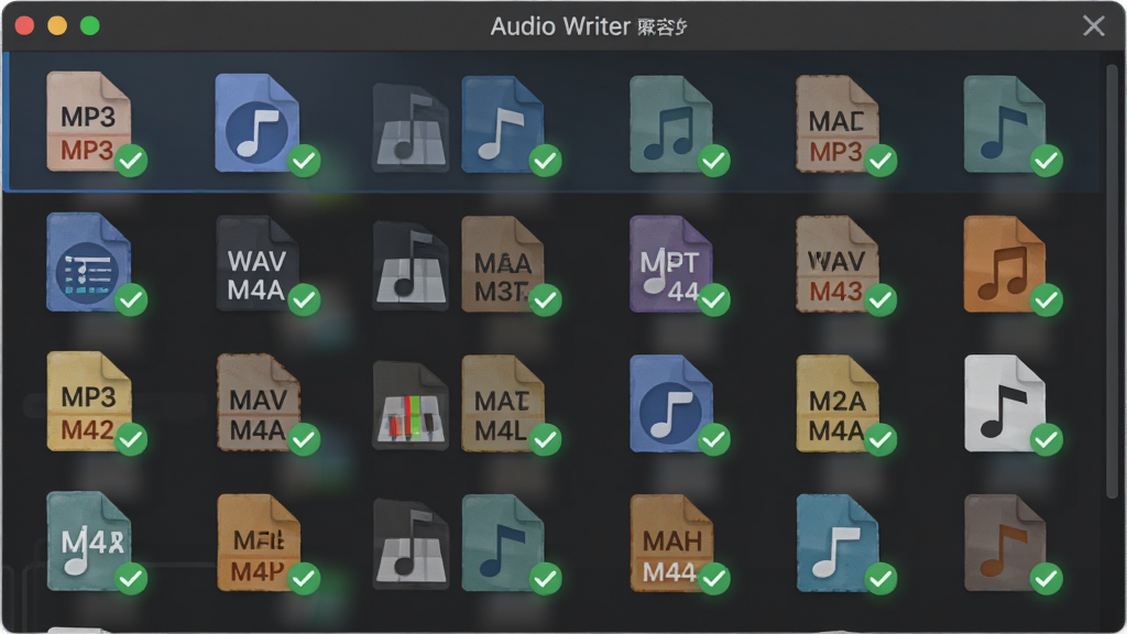 һ��չʾ Audio Writer ���ʽ��Ƶ���ݹ��ܵ�ʾ��ͼ������Ϊ���������ж����ͬ��ʽ����Ƶ�ļ�ͼ������������б��У������ϲ����������У��Ű����룬���Ϊ��ƽ���Ƽ��У�ϸ�ڰ��� MP3��WAV��M4A �ȸ�ʽ��ʶ����ɫ��ѡ��ǣ������������ɾ����޶���Ԫ��