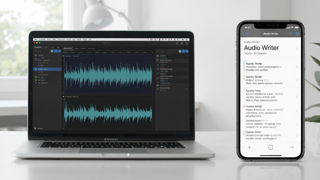 һ��չʾ Audio Writer �ڵ��Ժ��ֻ�˫��ʹ�õĳ���ͼ������Ϊ���ʼǱ����Ժ��Ҳ������ֻ�ͬʱ��ʾ�������棬���������Ҳ��У��Ű���⣬���Ϊ�ִ��Ƽ������ϸ�ڰ������Զ˲���ͼ���ֻ��������б��������������ɾ����޶���Ԫ��