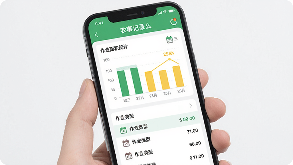 ����Ϊ�ֻ���Ļ��ʾ������ũAPP��ũ�¼�¼���棬����������ҵ���ͳ��ͼ������ҵ�����б�������Ϊ���½ṹ���Ϸ�ͼ���·��б������Ϊ���±�ƽ����Ʒ磬ϸ�ڰ�����ɫ�ͻ�ɫ��������������ͼ�꣬�����������ɾ����޶���Ԫ��