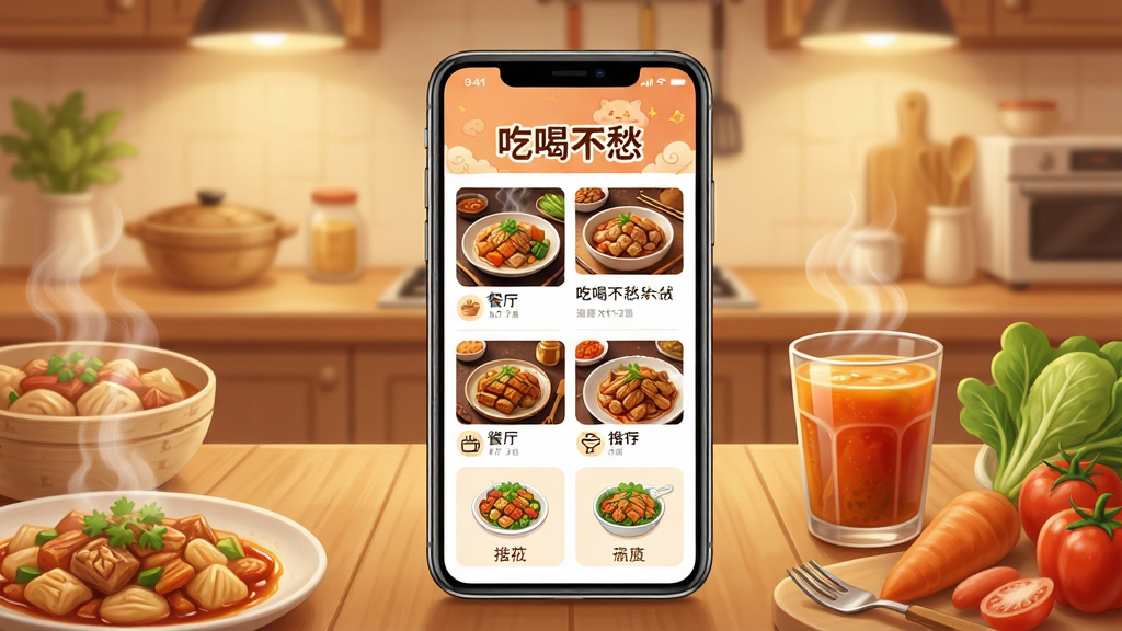 ����������һ�������ֻ�����Ļ����ʾ���ԺȲ��APP����ҳ���棬����������ʳ��Ƭ�������Ƽ��Ͳ���ͼ�ꡣ�ֻ���Χ�������������ڵ���ʽ���ȡ�һ����Ʒ������ʳ�ġ���������ܰ�ĳ���̨�棬ůɫ���ƹ⡣������Ϊдʵ�廭�磬��ͼ���У��Ű�ɾ���ϸ�ڷḻ�����ʸ��壬����ɾ����޶���Ԫ�ء�