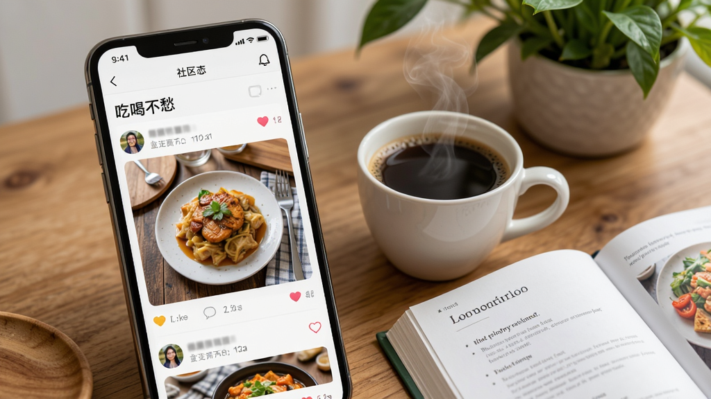����չʾһ���ֻ�APP���棬�������С��ԺȲ����������̬������ʾ�û�ɹ������ʳ��Ƭ�͵�������ͼ�ꡣ�ֻ��Ա߷���һ��ð�����Ŀ��Ⱥ�һ�������Ĳ��ס�������ľ���������ֲ���Ű�Ϊ���ҽṹ������ֻ����Ҳ�װ������Ϊ�������ʽ��Ӱ��ϸ�ڰ�����Ļ���⡢�����������������֣���������������ɾ����޶���Ԫ�ء�