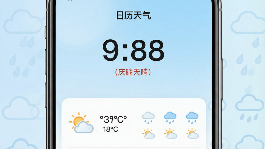 һ���ֻ�Ӧ�ý���չʾͼ����������Ϊ������������Ӧ�õĺ���ҳ�棬�ϰ벿����ʾ����������ֺ�ũ����Ϣ���°벿����ʾ����ͼ�ꡢ�¶ȼ�δ���������ƣ�����Ϊ��͵�ǳ��ɫ���䣬���ֲ������·����ṹ��������¼�Լ��ϸ�ڰ���̫�����ƶ䡢��ε�����ͼ�꣬���ʸ���ɾ����޶���Ԫ��