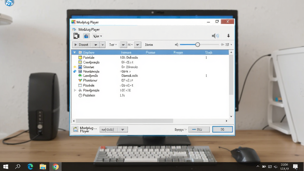 Modplug Player 在 Windows 桌面上的运行状态,主体为播放器窗口与任务栏图标,布局居中显示,排版简洁,风格为日常办公电脑桌面场景,细节包含播放列表、音量控制、系统托盘图标,画质清晰干净,无多余元素