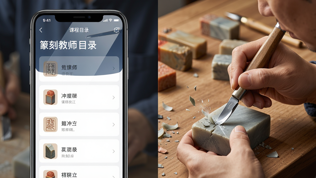 һ�ź���ѧ����ͼ���������չʾ��׭�̽�ʦ��APP�Ŀγ�Ŀ¼���棬�Ҳ���׭�̽�ʦ�̵ֳֿ�ʾ���嵶������д������Ϊľ��������ӡʯ���ϣ����ֲ������ҷ������Ű����������Ϊдʵ��Ӱ��UI����ϳɣ�ϸ�ڰ����̵��Ƕȡ�ʯм�ɽ����ֻ���Ļ���⣬���ʸ��壬����ɾ�����