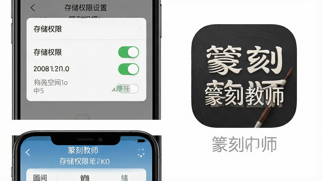 һ��չʾ׭�̽�ʦAPP�ƶ���ʹ�ü��ɵ�ʾ��ͼ������Ϊ�ֻ���Ļ��ʾ�洢Ȩ�����ý����롰׭�̽�ʦ��APPͼ�겢�У����ֲ������½ṹ���Ϸ�ΪȨ�����ý�ͼ���·�ΪAPP���ܽ����ͼ���Ű����룬���Ϊ��ƽ��UIչʾ��ϸ�ڰ���Ȩ�޿���״̬��APP�����еġ�׭�̽�ʦ�����֡��洢�ռ���ֵ�����ʸ��壬����ɾ����޶���Ԫ��