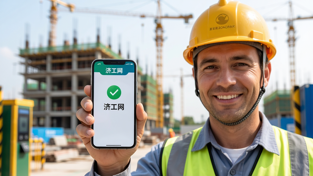 һ��չ�ּù������ڴ򿨹��ܵĳ���ͼ������������һλ���Ű�ȫñ�Ľ��������ڹ�����ڴ������ֻ���������ʶ��򿨣��ֻ���Ļ��ʾ�򿨳ɹ����沢���С��ù���������������Ϊ����ʩ����¥�������������ֲ��ý���������黯�����Ĳ�θй�ͼ�����дʵ������ϸ�ڰ����������ϵ�Ц�ݡ��ֻ���Ļ�ϵ���ɫ�Թ�ͼ�꣬����������Ȼ���ɾ��޶���Ԫ��