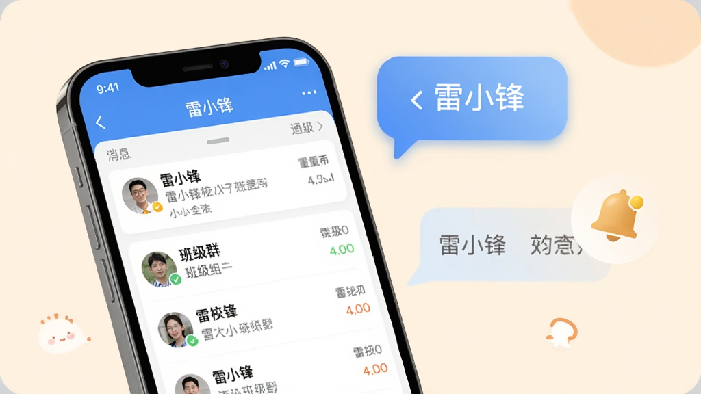 ��С���У�������棬�ֻ���Ļ��ʾ��Ϣ�б���༶Ⱥ�飬��Ļ���жԻ����֪ͨ����ͼ�꣬����Ϊ�����ɫ��������й�ͨ��ϸ�ڷḻ�����廭�ʣ��ɾ��޶���Ԫ�أ�ͼ������Ϊ����С�桱