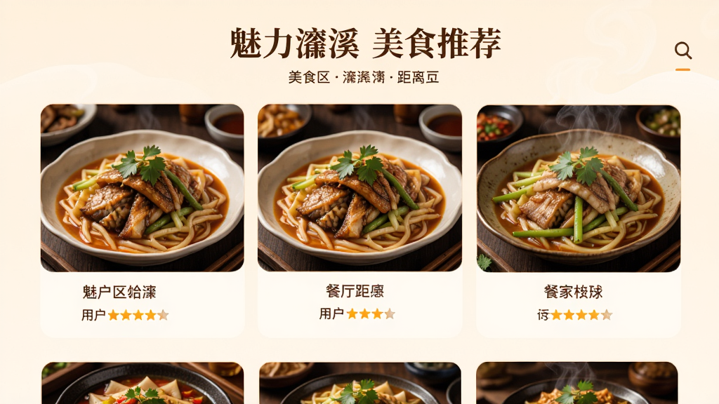 �����Ϫ ��ʳ�Ƽ�ҳ�� չʾ�Ϫ����ɫ��ʳͼƬ�Ͳ����б� ������ʳ���� �û����� ������Ϣ ������ůɫ��Ϊ�� ������� ϸ�ڷḻ ���ʸ��� �ɾ� �޶���Ԫ��