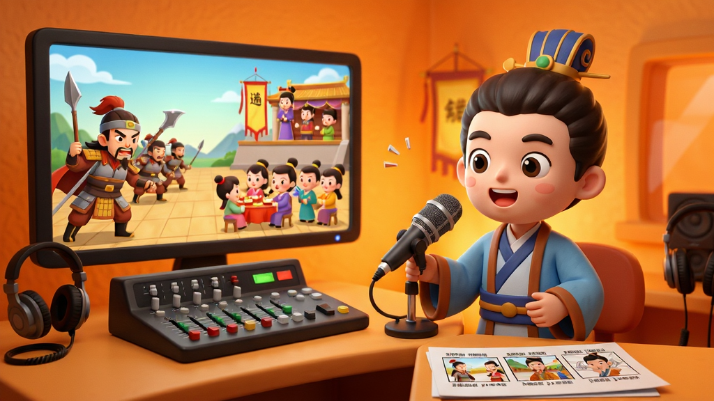 �ٶ�ͨ��רҵ�����붯�����﹦�ܣ�����չʾһ����ͨ����¼���ﳡ����һλ���Ź�װ�Ĳ���Ա���ڶ��Ż�Ͳ�����£��Ա���һ������Ļ�����Ŷ���Ƭ�Σ������г����˹Ŵ�ս������͢���ȳ����Ŀ�ͨ�����������ů�ĳ�ɫ�ƹ⣬���Ϊ��ͯ����������񣬲������η�����ϸ�ڰ�������̨�������������־���ȣ����ʸ��壬�ɾ��޶���Ԫ��