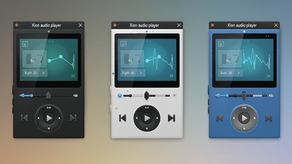 һ��չʾ Xion audio player ����Ƥ���л�Ч����ͼƬ�������в�����ʾ������ͬ��ɫ�Ĳ��������ڣ��ֱ�����ɫ��ǳɫ����ɫ���⣬ÿ�����ڱ��ⶼ��ע 
