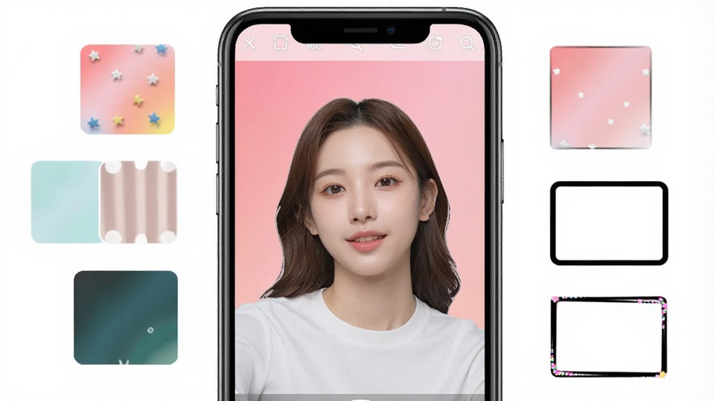 һ��չʾ�߿��ʦ���ܿ�ͼ�뱳���滻���ܵ�ʾ��ͼ��������һ���ֻ���Ļ����ʾ��һ��������Ƭ�������Ѿ����ٳ��������ڷ�ɫ���䱳���ϣ���Χ�����ż�����ͬ�ı�����ɫѡ��ͱ߿���ʽѡ����Ϊʱ�л��õ���ͼAPP����չʾ��ϸ���������Ե�����ɾ�������ɫ����ͣ������������ɾ����޶���Ԫ�ء�
