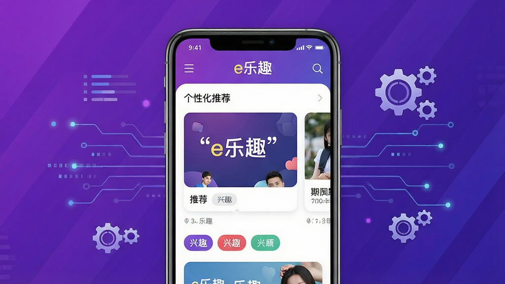 һ��չʾ�����Ƽ����ܵ��ֻ�Ӧ�ý���ͼ����������Ϊ�ֻ���Ļ��ʾe��ȤAPP�ĸ��Ի��Ƽ�ҳ�棬�����Ƽ���Ƭ����Ȥ��ǩ������Ϊ��ɫ����Ƽ���񣬵�׺���������ͳ���ͼ�꣬����ִ���࣬���������ɾ�����Ļ������ʹ�����ű�ע