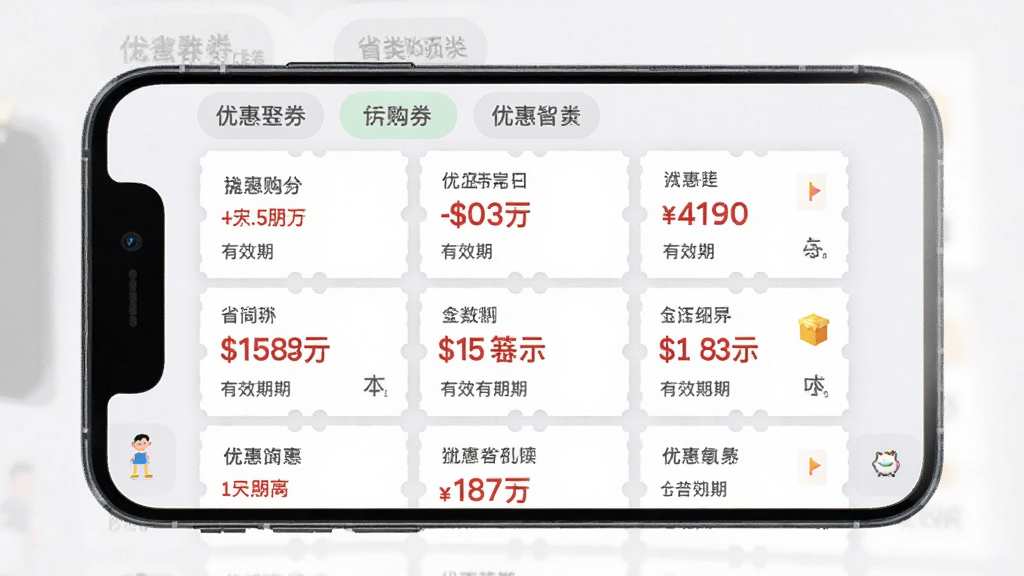 ʡ��APP�Ż�ȯ�ۺ�ҳ�棬�ֻ���Ļ��ʾ���Ʒ���ǩ���Ż�ȯ�б���ÿ��ȯ���ۿ���Ϣ����Ч�ڣ�����Ϊ��ɫ��ǳ��ɫ���䣬��������ˬ���࣬���ֲ����������У�ϸ�����������ʸɾ����޶���Ԫ��