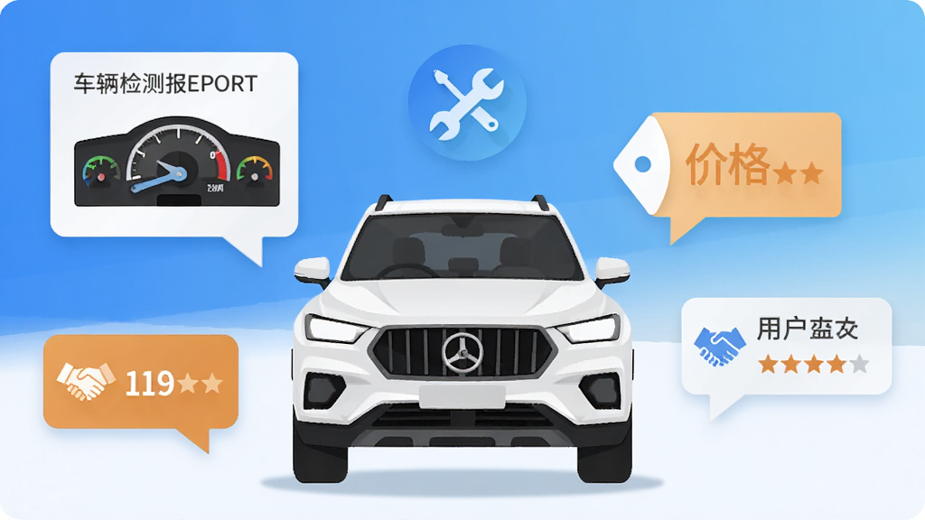 ��糵Ӧ��������չʾ��һ����ɫSUV����λ�ڻ������룬��Χ�����ų�����ⱨ�桢�۸��ǩ���û��������ݣ�����Ϊ�������׽���ɫ�������Ϊ��ƽ���Ƽ��У�ϸ�ڰ����Ǳ��̡�����ͼ������ַ��ţ������������ɾ����޶���Ԫ��