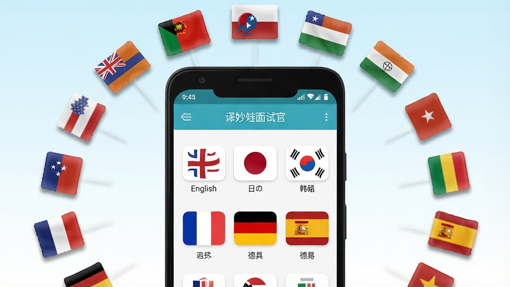 һ��չʾ���������Թٶ����Է��빦�ܵĽ����ͼ���ͼƬ������������һ����׿�ֻ����ֻ���Ļ����ʾ�����������Թ�APP������ѡ��ҳ�棬ҳ����������Ӣ���������������������ȶ�������ѡ��ͼ�꣬�ֻ���Χ�и��������Сͼ�껷�ƣ�����Ϊ�ֻ����У�����ͼ��ʻ����������ֻ��Ϸ������Ϊ���±�ƽ����ƣ�ϸ���Ϲ���ͼ������΢ͶӰ������Ϊ����ɫ����ɫ�Ľ��䣬���ʸ��壬����ɾ����޶���Ԫ��