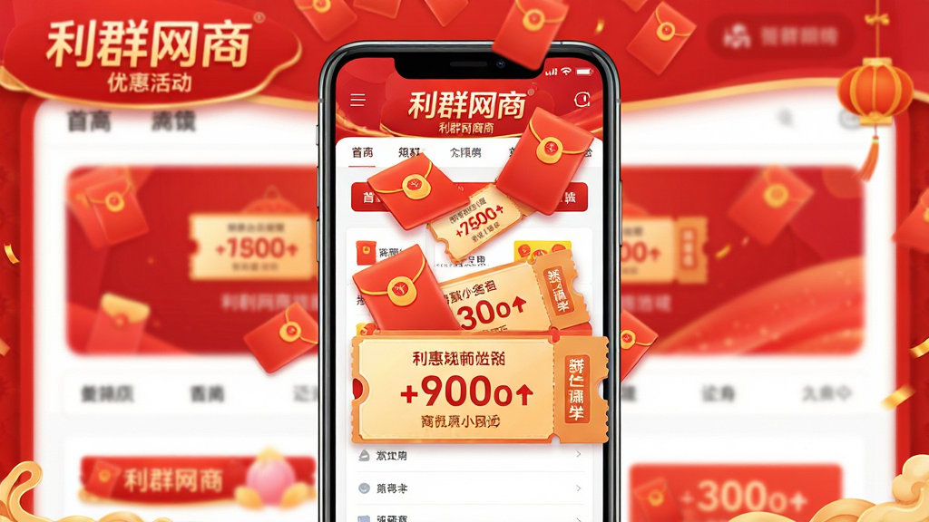 һ��չʾ�ֻ���Ļ�ϵ����Ż�ȯ�ͺ������Ч��ͼƬ�������ǡ���Ⱥ���̡��Ĵ����ҳ�档����Ϊ�ֻ����У�������Ż�ȯ����Ļ�Ϸ�Ʈ�䡣���Ϊϲ��ĵ��̴������ϸ��Ҫ���Ż�ȯ��������ɼ���ɫ���Ժ�ɫ�ͽ�ɫΪ�������ʸ��壬����ɾ����޶���Ԫ�ء�