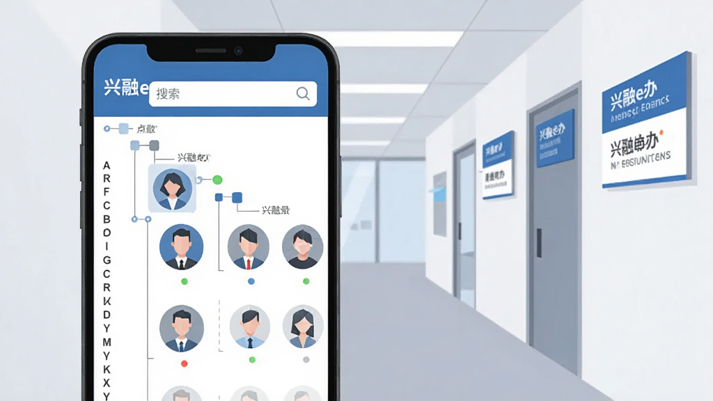 ����չʾ������e�족ͨѶ¼ҳ�棬�ֻ���Ļ������״��֯�ܹ���Ա��ͷ���б��������������򣻱���Ϊ���İ칫���ȣ�ǽ���в��ű�ʶ�ƣ����Ϊ�ִ���ƽ�廭�����׻���ɫ��������ͷ����ü�Լ����ͼ�Σ�ϸ�ڰ����㼶�����ߡ�����״̬СԲ�㡢��ĸ�����������ʸ��壬����ɾ����޶���Ԫ��