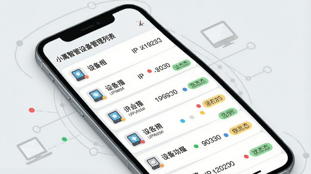 һ��չʾС�ǹ��豸�����б����ֻ���ͼ���ͼƬ���������ֻ���Ļ��ʾ�豸�嵥��ÿ�а����豸ͼ�ꡢ�豸���ơ�IP��ַ������״̬��ǩ�������豸���в�ɫԲ���ʶ����״̬������Ϊǳ��ɫ�������ֻ���΢��б�Ƕȷ��ã���Χ�е������豸��������װ�Σ����Ϊ��ˬ��ƽ��UI���Ű����룬���ʸɾ����޶���Ԫ�ء�