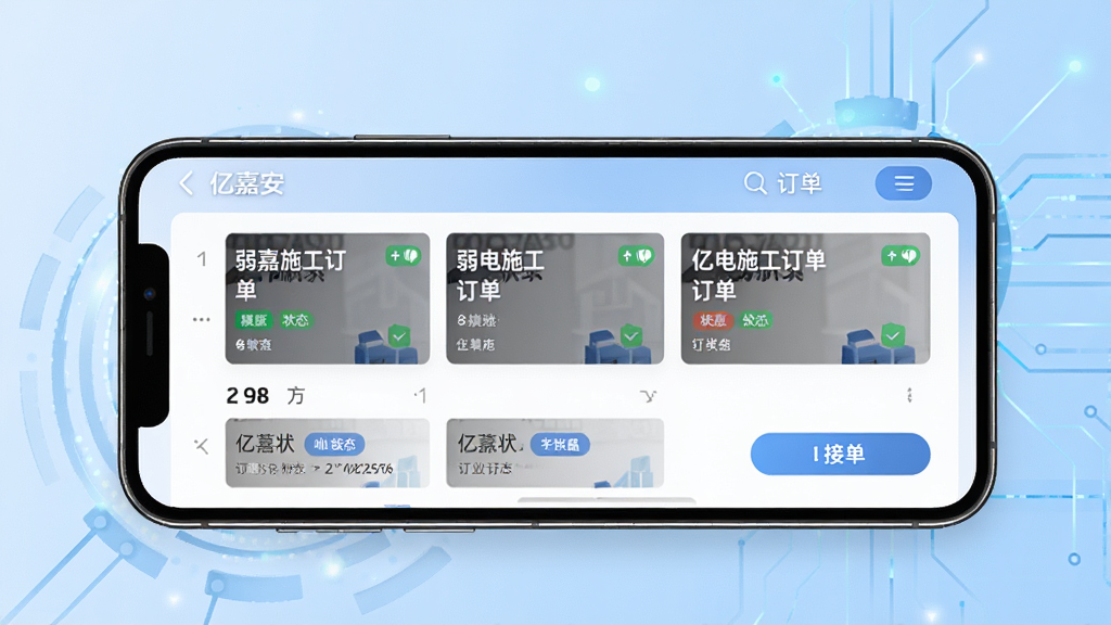 �ڼΰ�������ҳչʾͼ������Ϊһ�������ֻ�����Ļ����ʾ�ڼΰ�APP�Ķ����б����棬��������ʩ��������Ƭ������Ϊǳ��ɫ�Ƽ��н��䣬���־��У����������ϸ������չʾ����״̬��ǩ�ͽӵ���ť�����ʸ��壬�ɾ����޶���Ԫ��