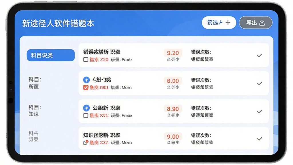 ��;�����������Ȿ���棬��Ļ����ʾ����Ŀ����Ĵ����б���ÿ�������Ա�ע�������������֪ʶ�㣬������ɸѡ�͵�����ť������ɾ����࣬��ɫΪ��ɫ������ƽ����Ʒ���ʺ�ѧϰ������Ӧ�ù���չʾ�����廭�ʣ��޶���Ԫ��