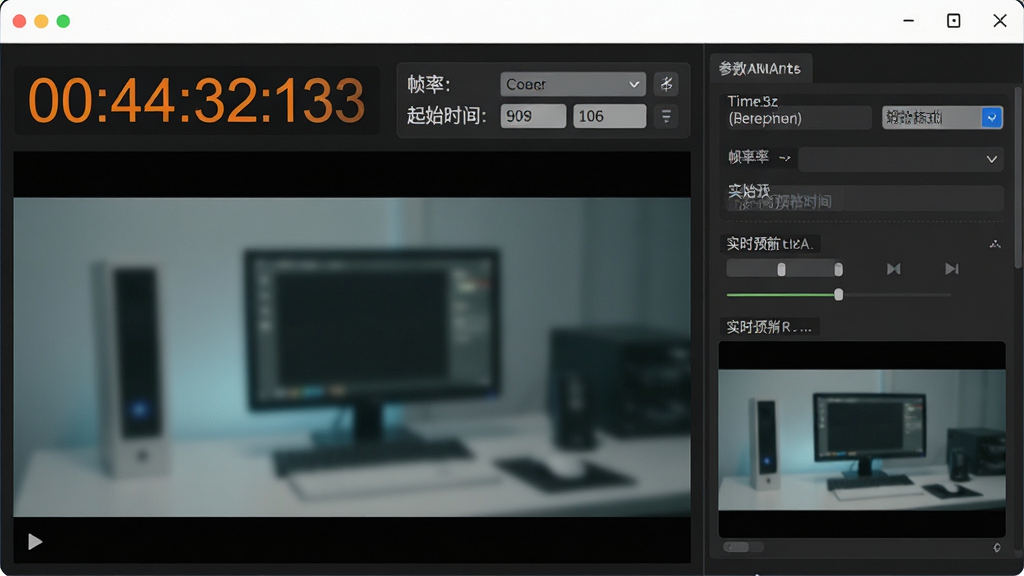 DV视频时间码嵌入大师功能展示图,画面主体为一段视频画面,画面左上角清晰显示着橙色的时间码数字,旁边有设置面板显示帧率和起始时间参数,布局采用左右分栏,左侧为视频预览,右侧为参数调节区,风格为科技感软件界面,细节包含时间码格式选择下拉框和实时预览效果,画质清晰,干净,无多余元素