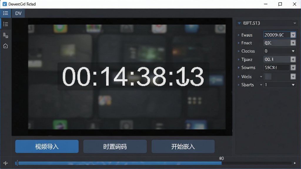 DV视频时间码嵌入大师软件主界面预览图,画面中央显示视频预览窗口,窗口内叠加了白色数字时间码,下方排列着导入视频、设置时间码、开始嵌入等功能按钮,界面风格简洁专业,整体色调以深灰和蓝色为主,布局清晰,排版规整,风格为现代软件界面,细节包含时间码参数设置面板和进度条,画质清晰,干净,无多余元素