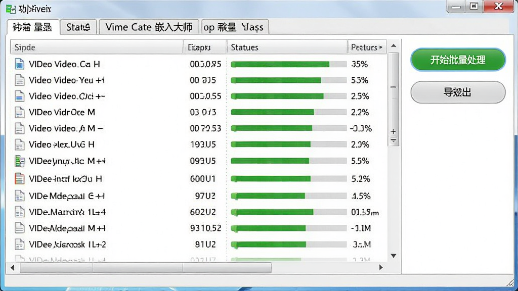 DV视频时间码嵌入大师批量处理界面截图,画面展示了一个文件列表,列表中包含多个视频文件名和状态进度,右侧有开始批量处理和导出按钮,布局为上下结构,上方为功能标签栏,下方为文件队列,风格为办公软件风格,细节包含处理进度百分比和预计剩余时间,画质清晰,干净,无多余元素