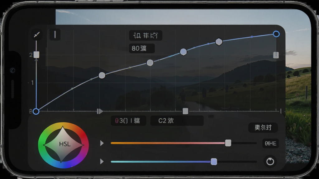 һ��չʾFrameCraft��ɫ���ߵ�ͼƬ���������ֻ���Ļ��ʾ���ߵ�����壬�������ж�����Ƶ㣬�����Ƿ羰��ƬԤ�����·���HSLɫ�ֺͻ��飬���Ϊרҵ��ͼ�������棬ϸ�ڰ��������ߡ���ֵ��ʾ�����ð�ť�����ʸ��壬�ɾ����޶���Ԫ��