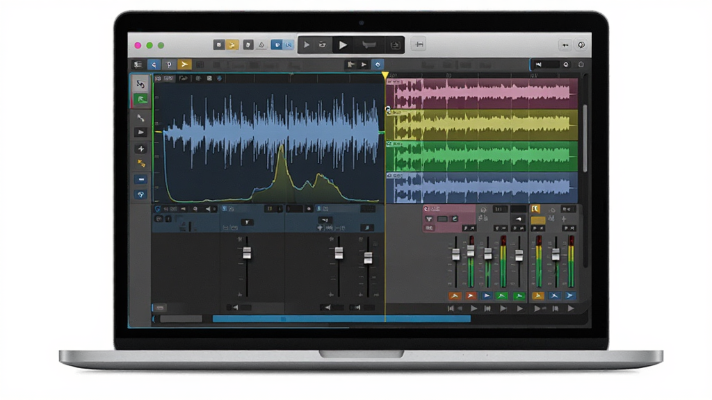 Music Editing Master 软件主界面预览图,主体为一台打开的笔记本电脑,屏幕上显示着音频波形编辑窗口和多轨混音面板,布局居中,排版整洁,风格为现代科技感,细节包括波形曲线、音量推子、播放控制按钮,画质清晰,干净,无多余元素